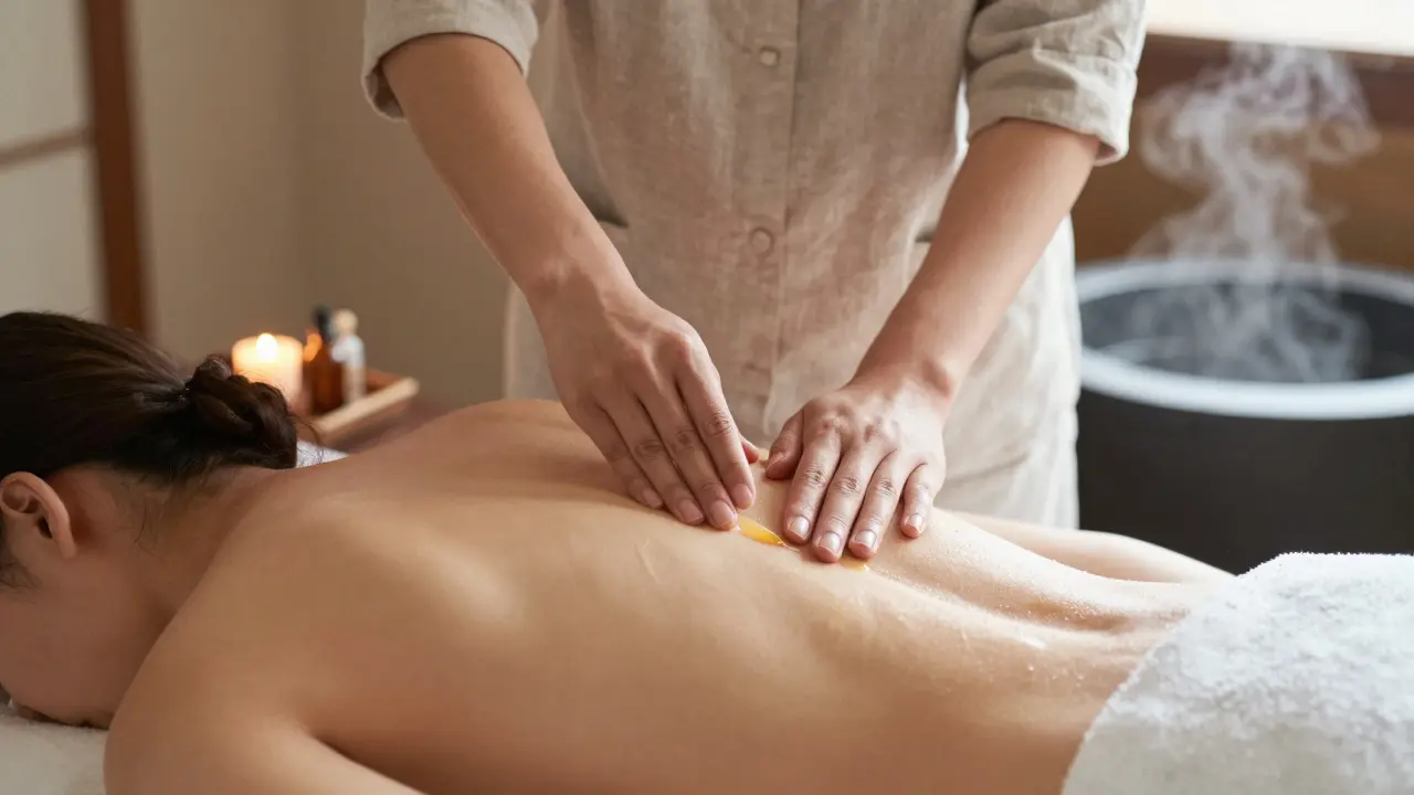 A therapist applying warm oil with gentle hands during a full body massage on a client's back.