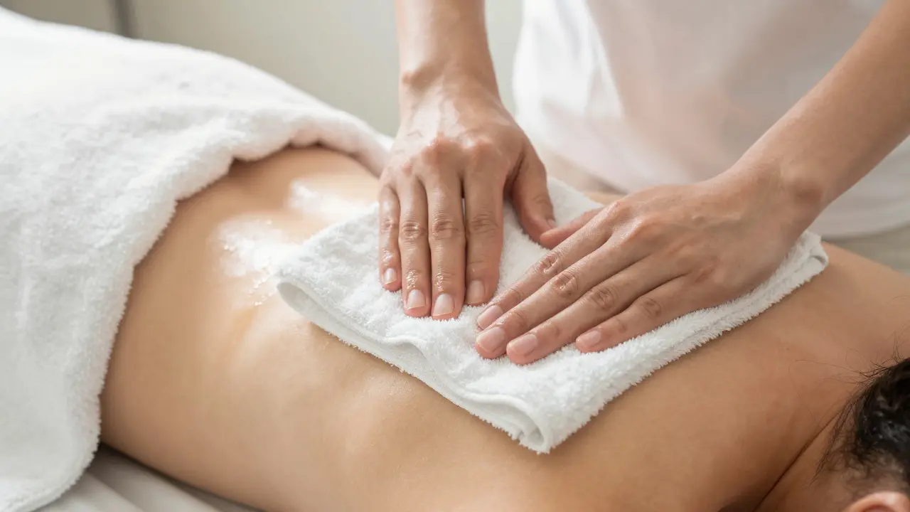 A therapist draping a towel over a client's shoulder during a massage, with only the back exposed.
