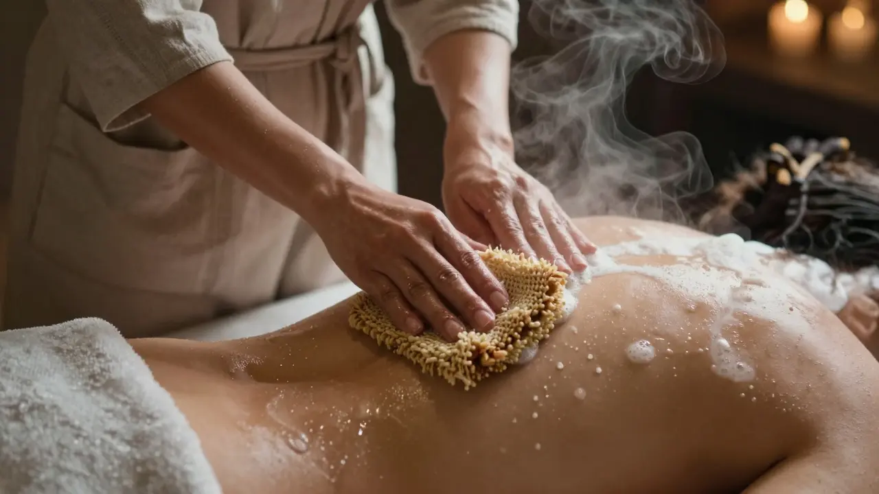 A therapist scrubbing a client's back with a rough kese mitt in a traditional hammam, steam rising around them.