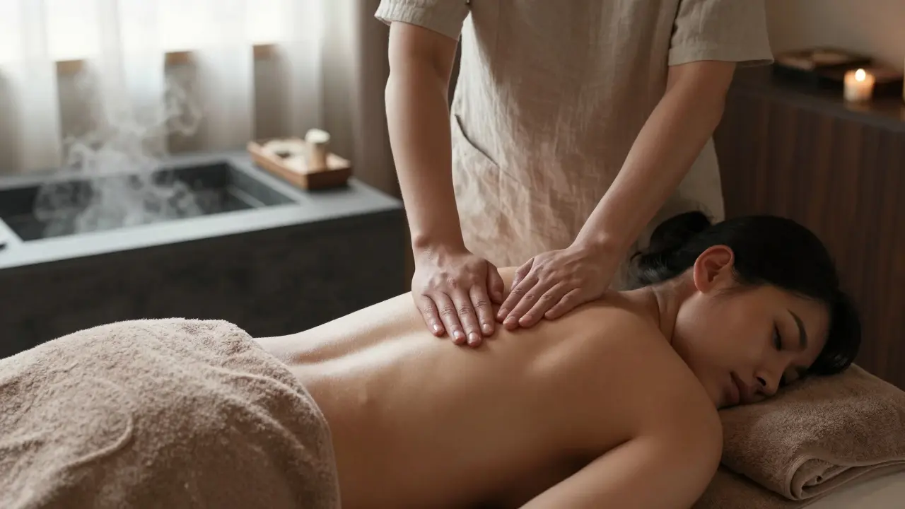 A therapist working on a client&#039;s back with a warm towel covering the body during a massage.