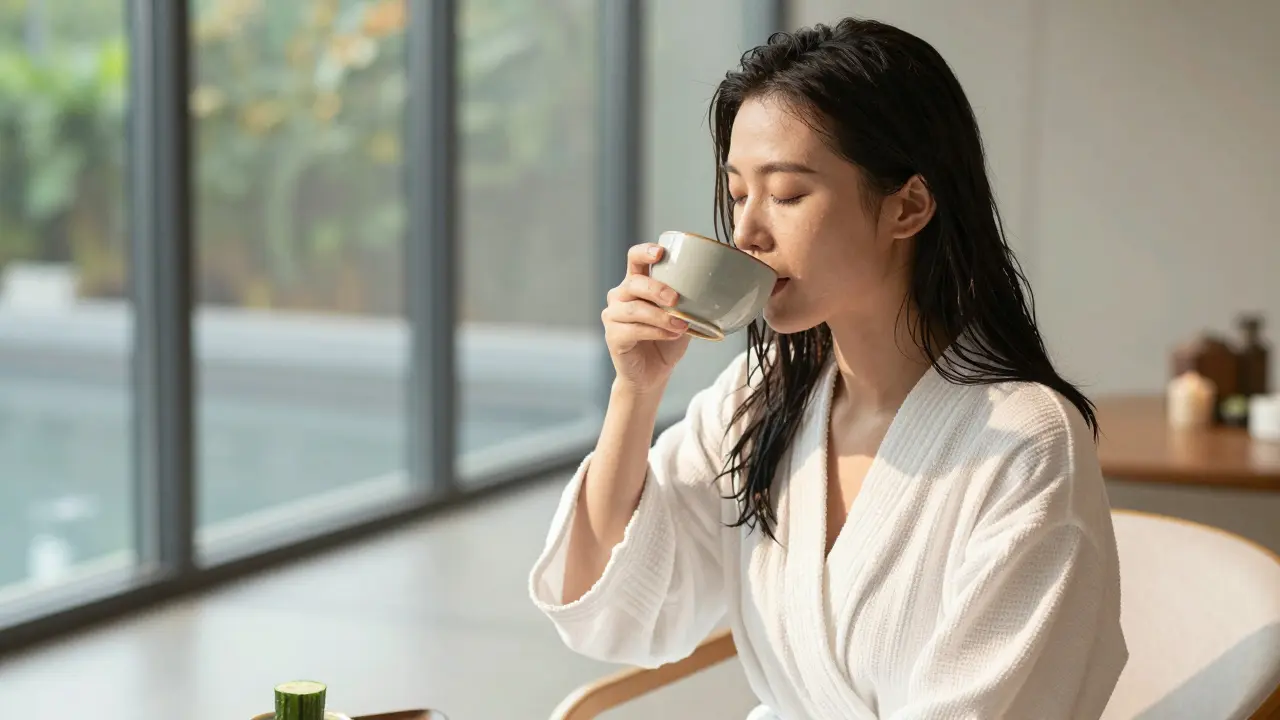 A woman relaxes alone in a spa lounge, sipping tea as sunlight filters through curtains.