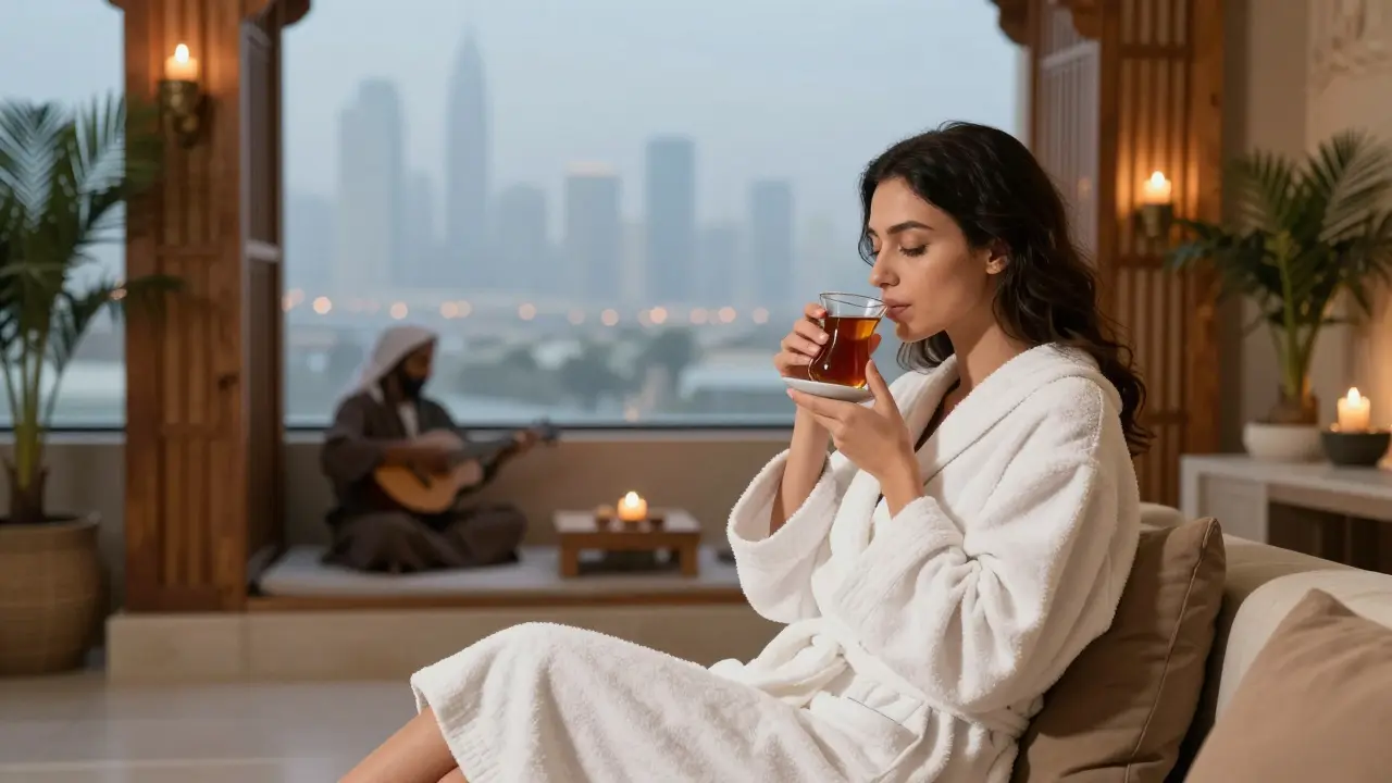 A woman relaxing in a robe, sipping tea in a quiet lounge after a hammam session.