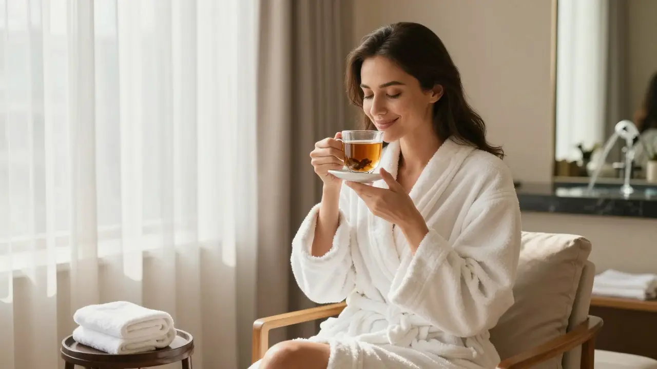 A woman smiling after a Vichy shower, wrapped in a robe and holding a cup of tea in a quiet lounge.
