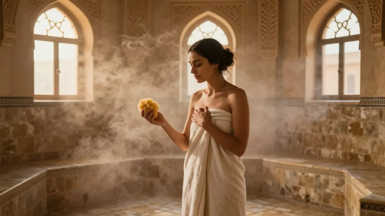 A woman wrapped in a towel in a steamy traditional hammam, surrounded by tiled walls and mist.