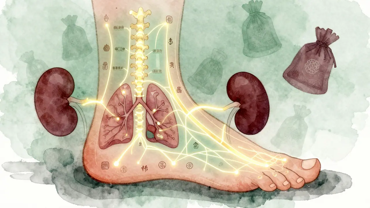 Artistic illustration of a foot with energy meridians connecting to internal organs in traditional Chinese style.