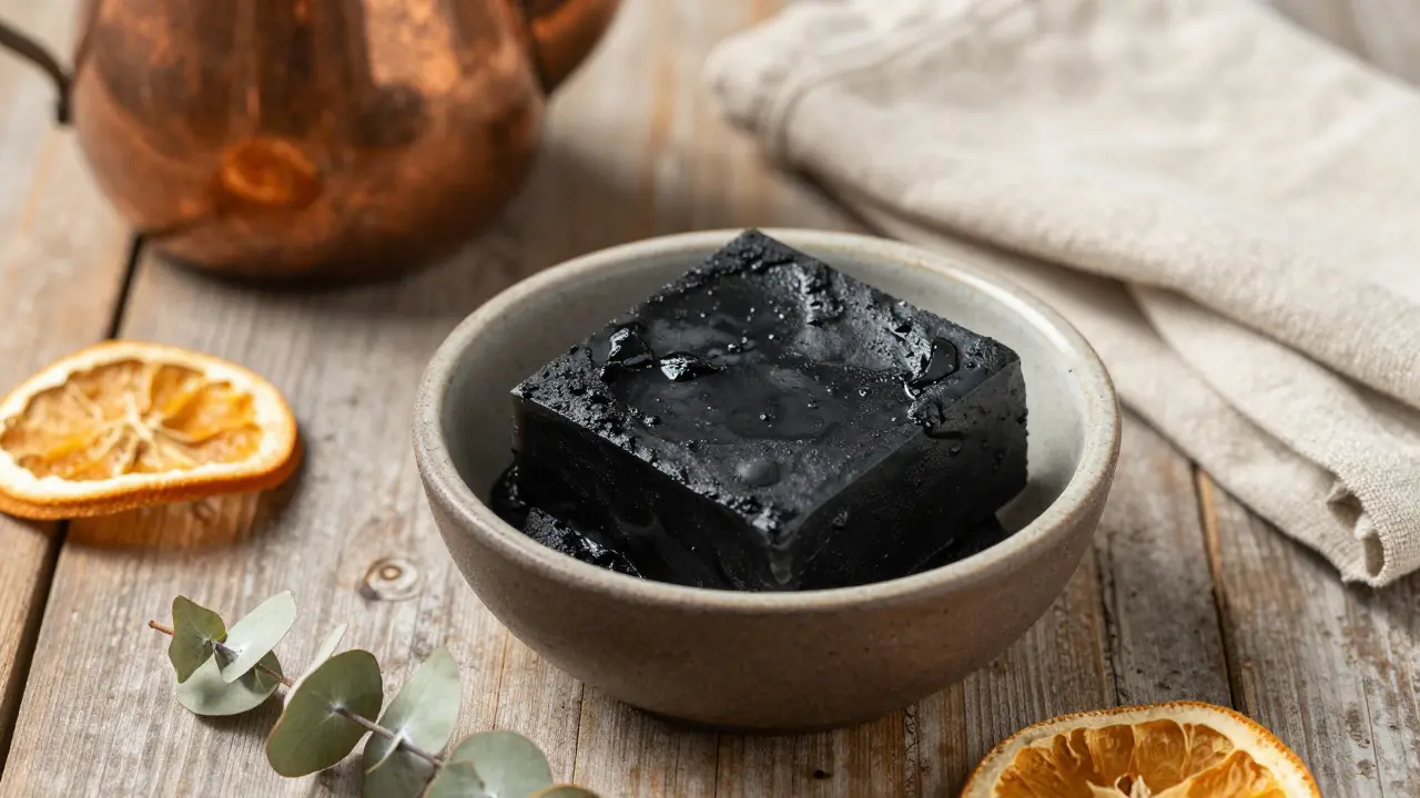 Black soap and ghassoul clay in ceramic bowls with orange peels and eucalyptus.