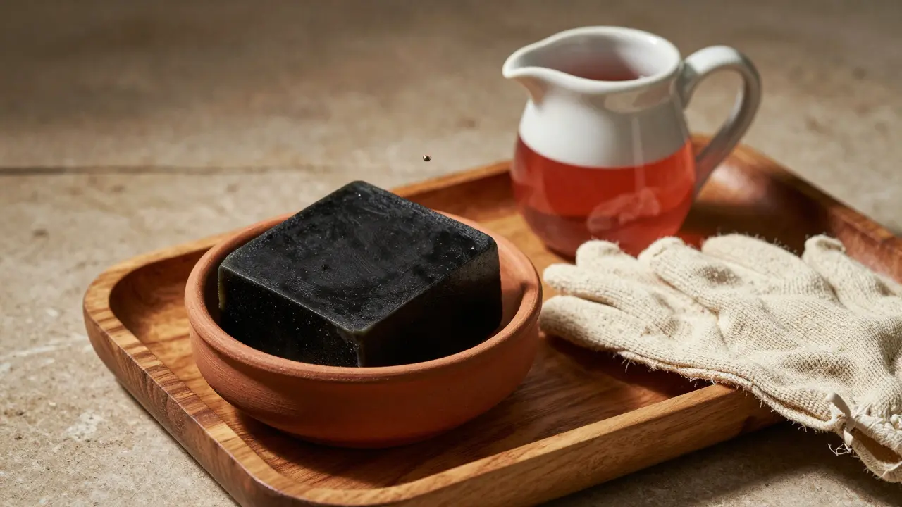 Black soap and kessa glove on a wooden tray with rosewater pitcher, natural lighting.