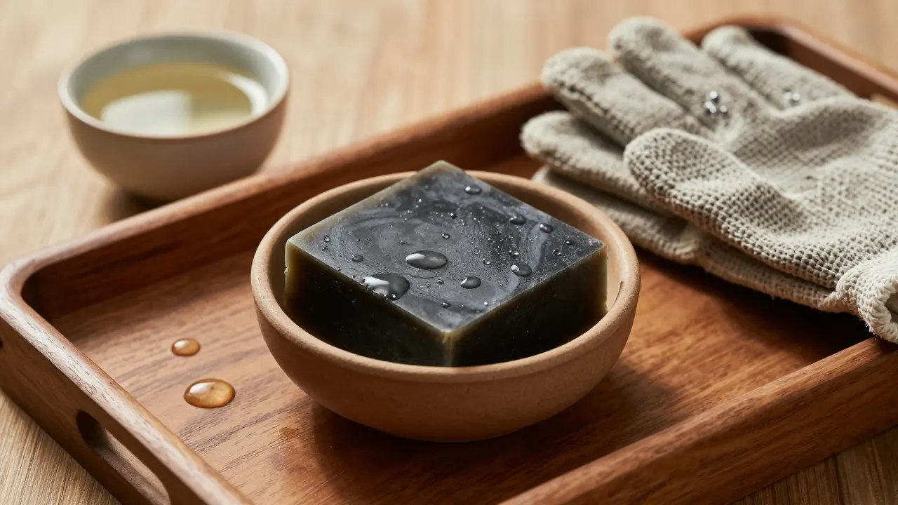 Black soap and kessa glove on a wooden tray with water droplets.