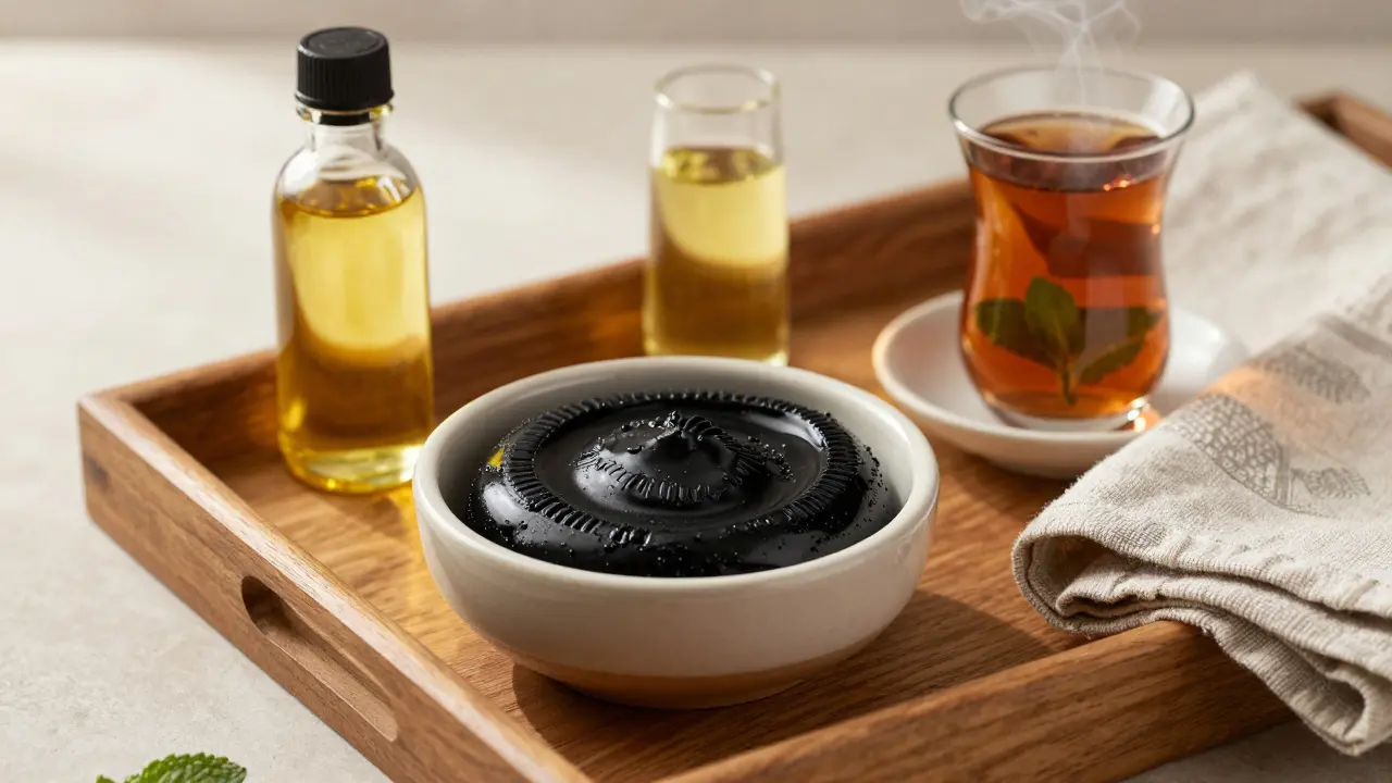 Black soap, argan oil, and mint tea on a wooden tray in a quiet ritual setting.