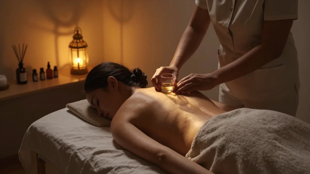 Calm Dubai spa room with client receiving cupping therapy