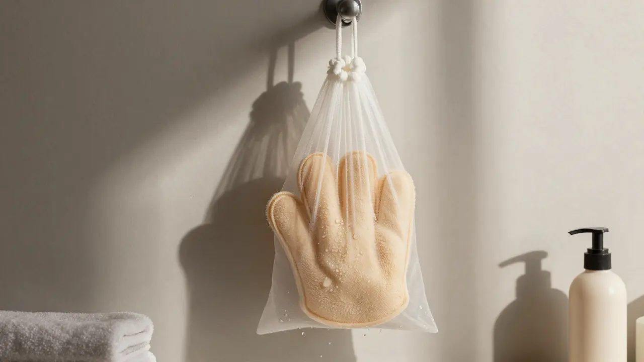 Clean exfoliating glove hanging in a mesh bag over a shower hook