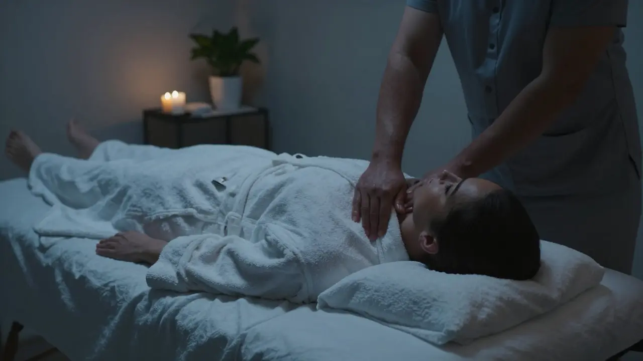 Client receiving a massage in a quiet, dimly lit American spa room.