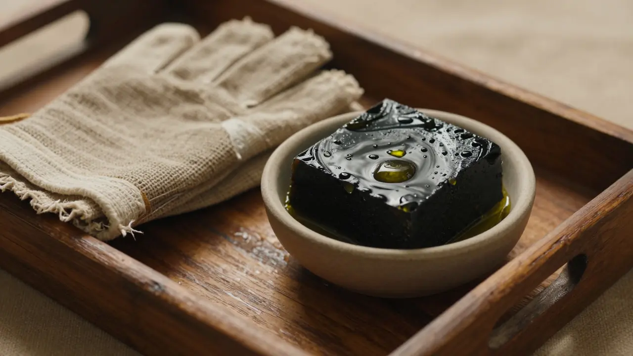 Close-up of a kessa glove and black soap on a wooden tray in a spa setting.
