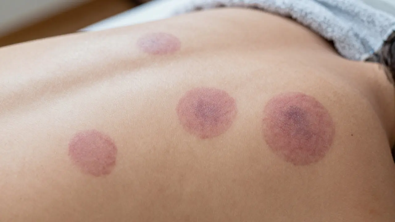 Close-up of circular cupping marks on skin under natural light.