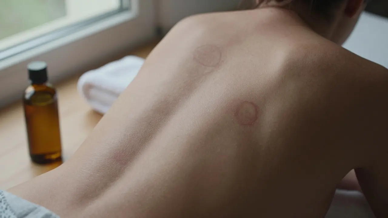 Close-up of faint circular cupping marks on skin with oil bottle and towel nearby.