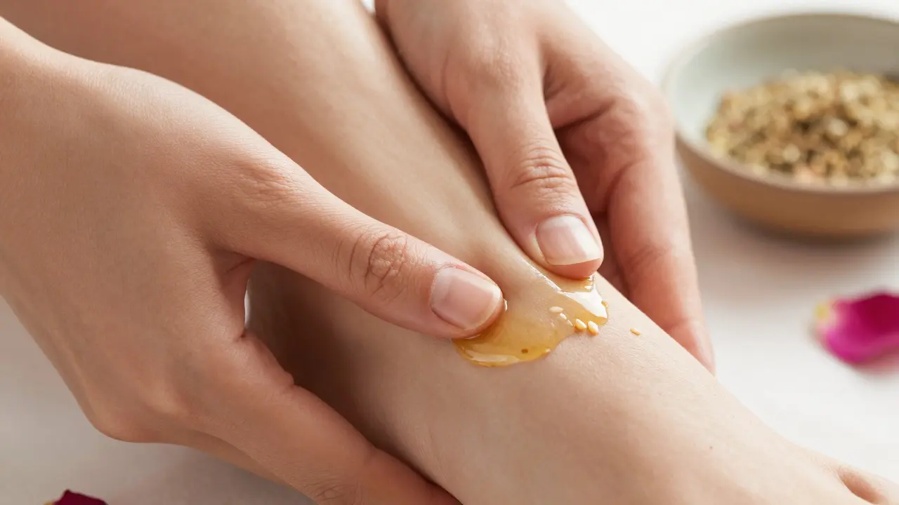Close-up of hands massaging a foot with natural oil and rose petals nearby.