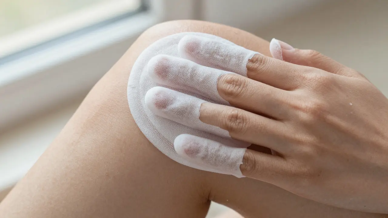 Close-up of textured glove on dry skin revealing smoother skin underneath