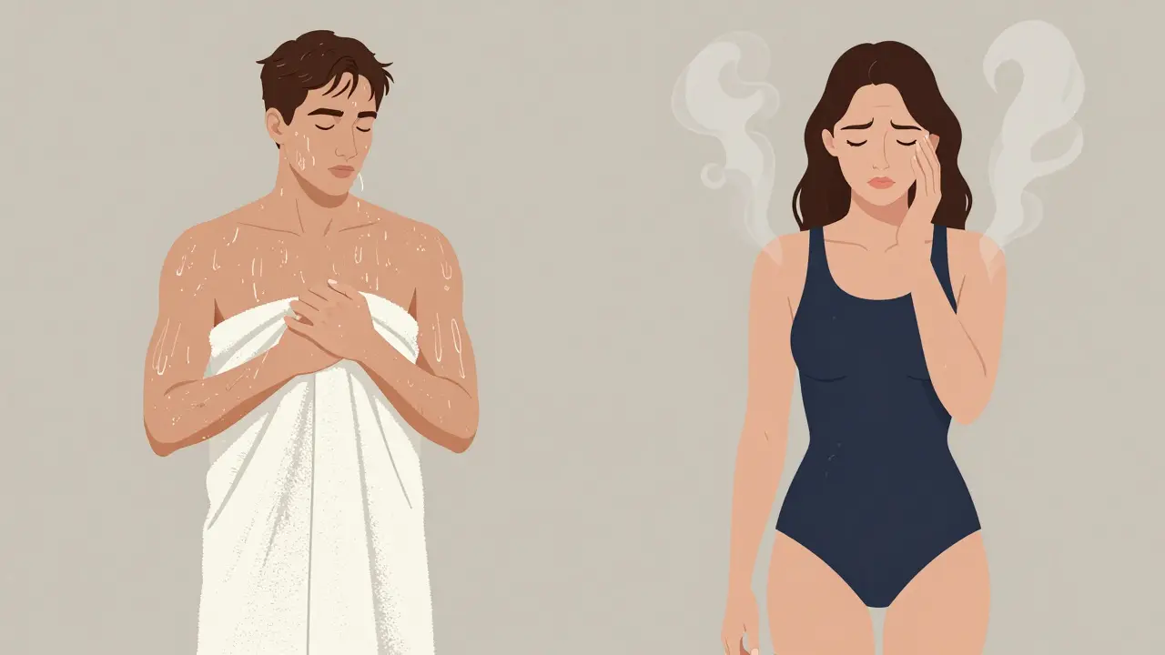 Contrasting figures in a steam room: one with towel, one in swimsuit.