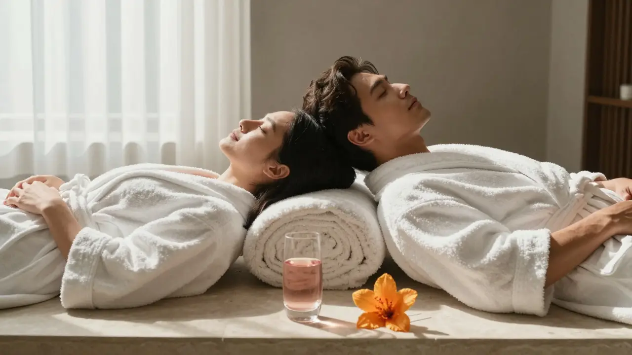 Couple relaxing side-by-side in robes, eyes closed, in a peaceful Dubai spa suite with rosewater nearby.