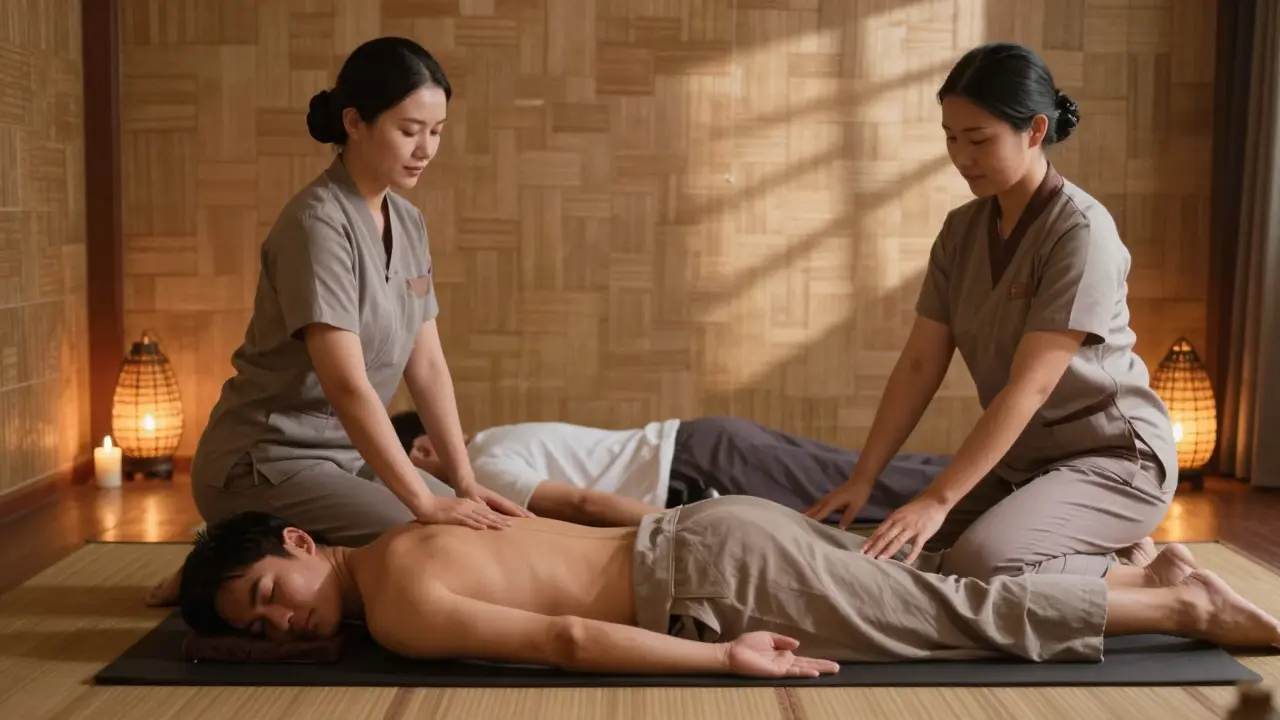 Couples receiving Thai massage side by side in a quiet, candlelit room.