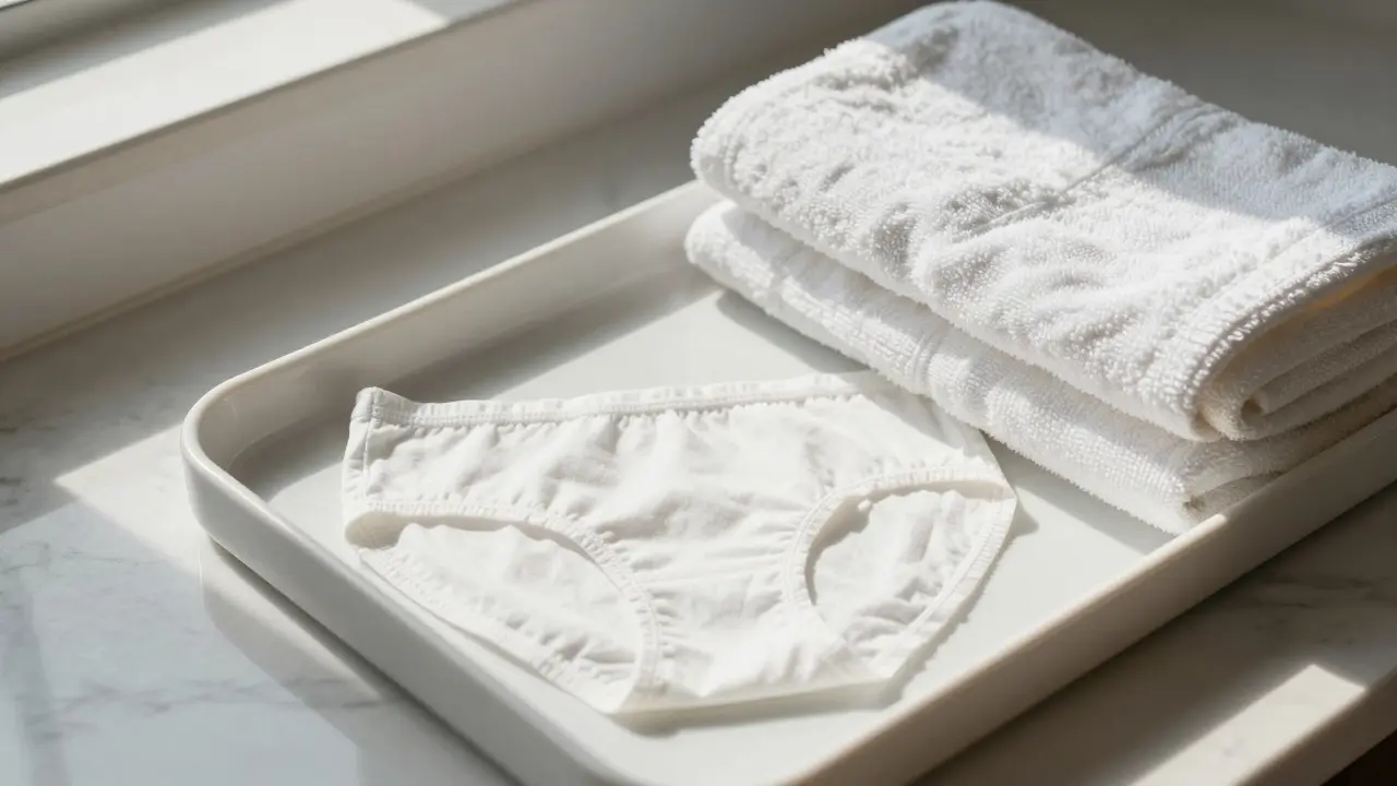 Disposable paper underwear placed neatly beside a spa robe and towel on a marble tray.