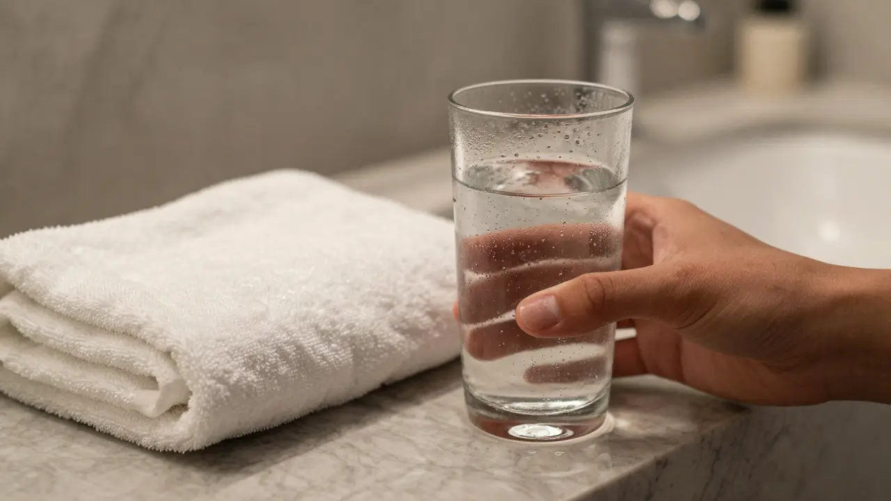 Hand holding water next to a towel in a spa changing area after sauna.