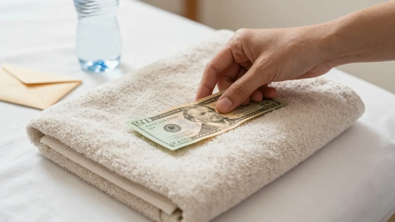 Hand placing a  bill on a towel next to a massage table.