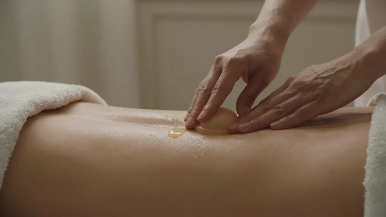 Hands applying a silicone cup to the side of the torso with oil glistening in soft light.