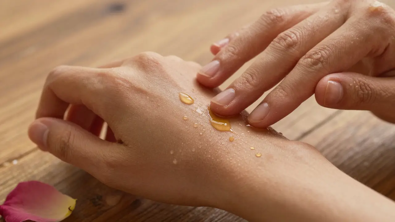 Hands applying argan oil to smooth, damp skin with natural light highlighting texture.