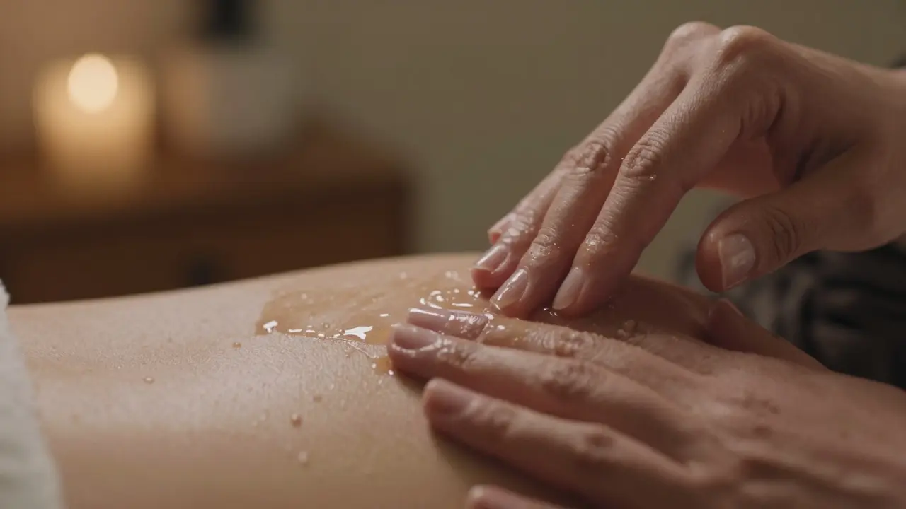 Hands applying smooth, translucent nuru gel to skin, highlighting the glossy, wet texture under warm light.