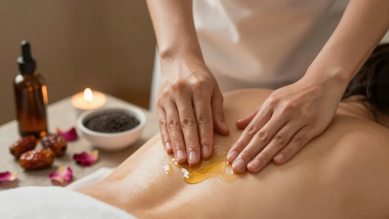 Hands applying warm oil during a massage, with dates and rose petals visible in the background.