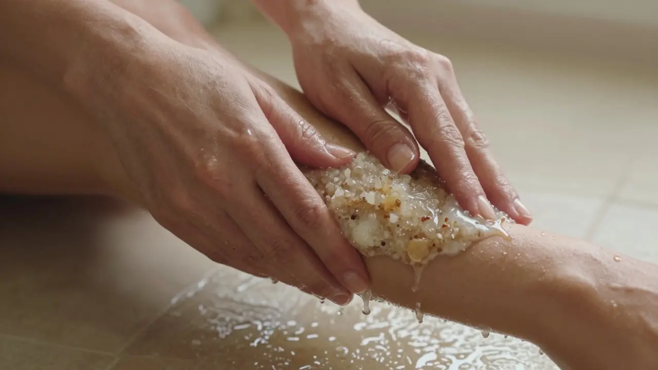Hands gently scrubbing an arm with sugar-based exfoliant, water droplets on skin.