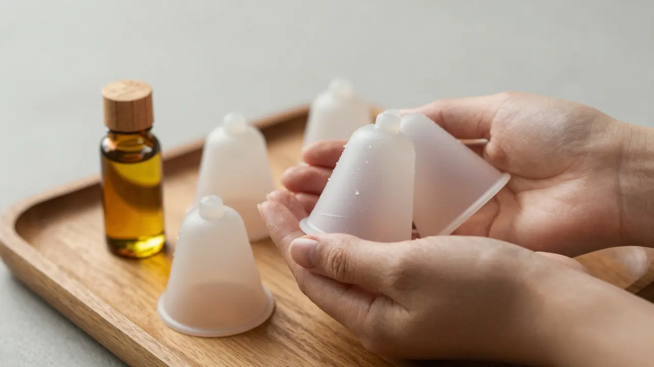Hands holding silicone cupping cups and massage oil on a wooden tray.