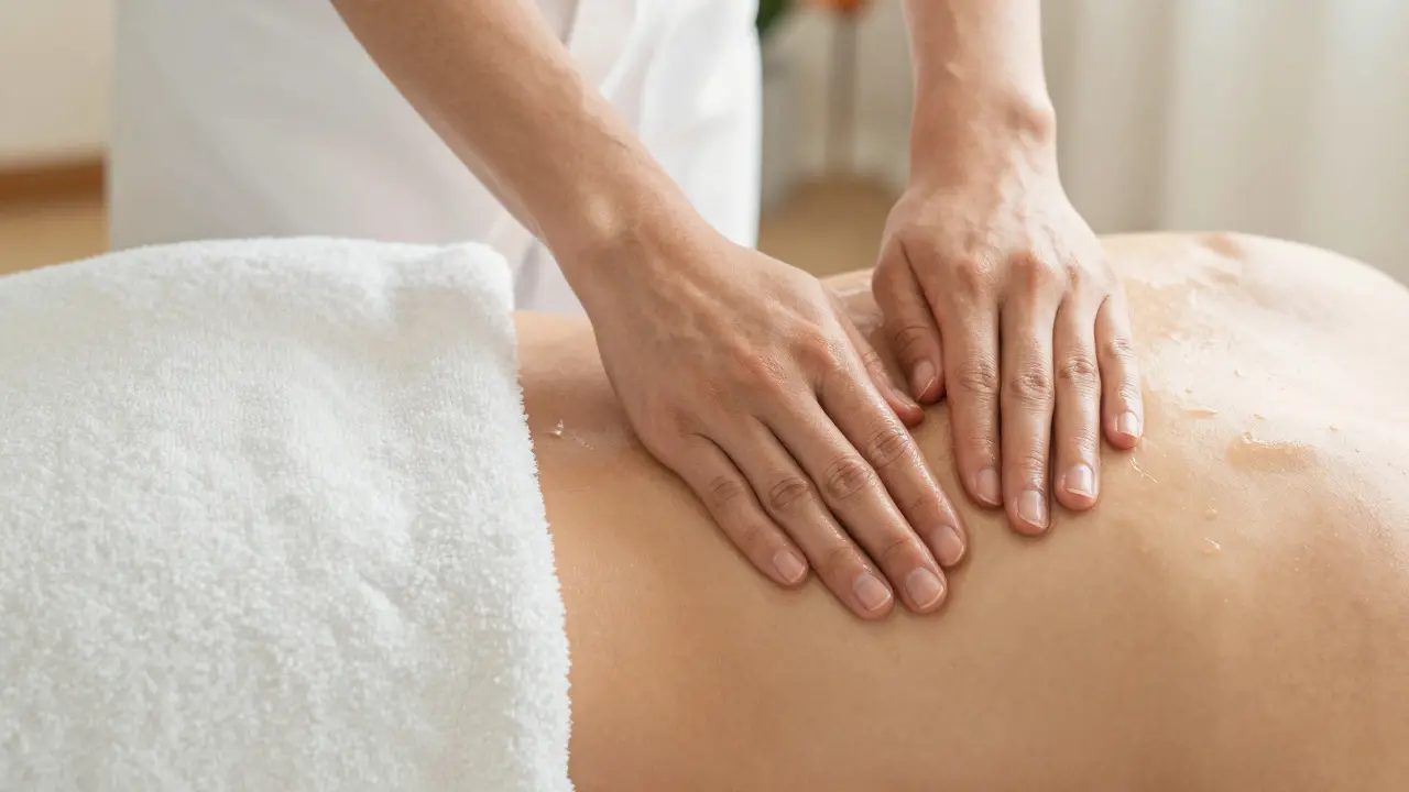 Hands massaging a back with oil, covered by a white towel.
