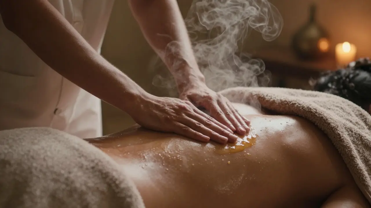 Hands massaging warm oil onto skin with steam rising in the background.