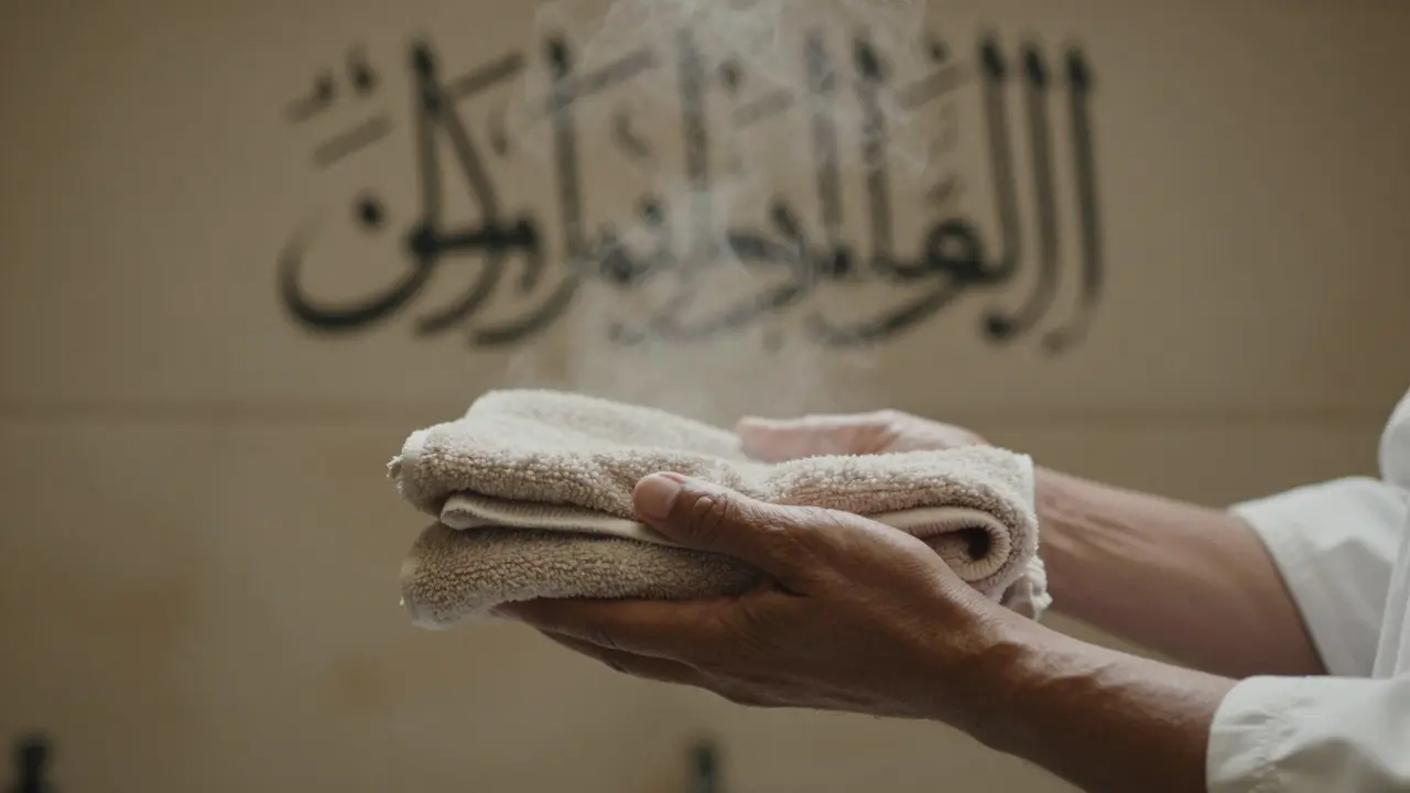 Hands receiving a warm towel from a spa attendant, Arabic calligraphy visible in the background.