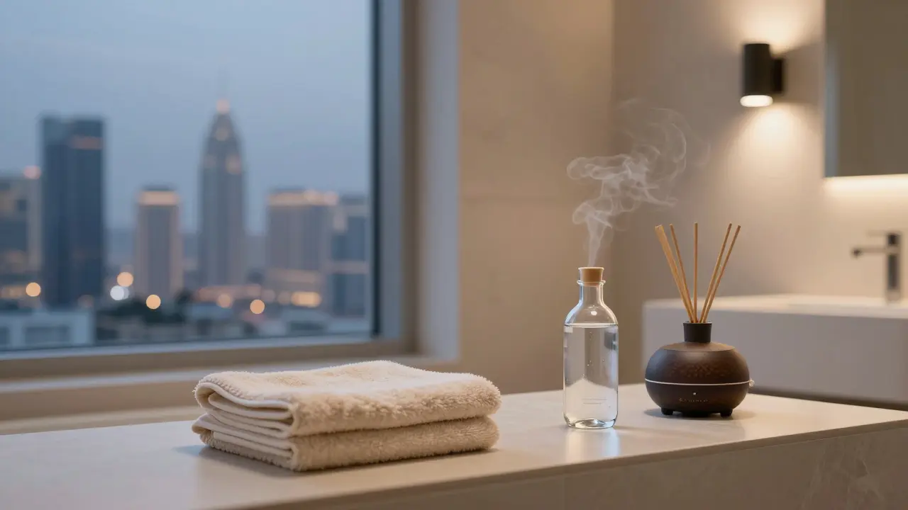 Minimalist Dubai spa bathroom with towel, water bottle, and diffuser overlooking the city skyline.