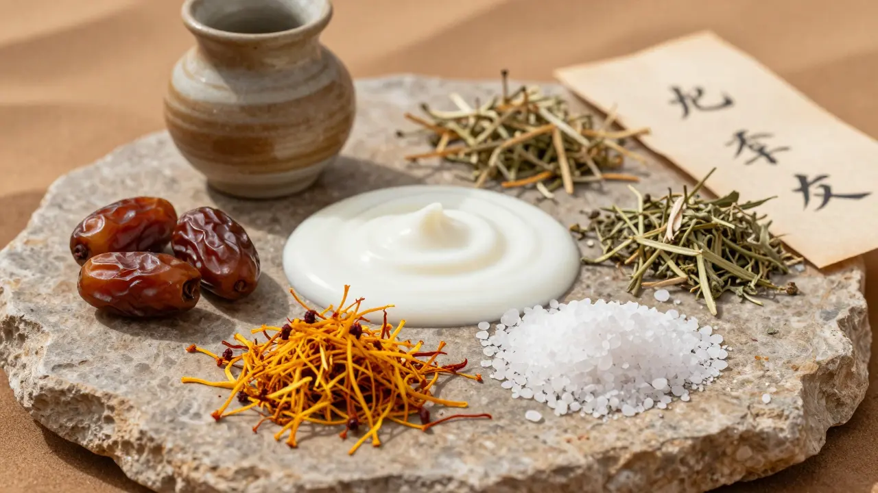 Natural ingredients for desert spa ritual: dates, saffron, camel milk, and herbs.
