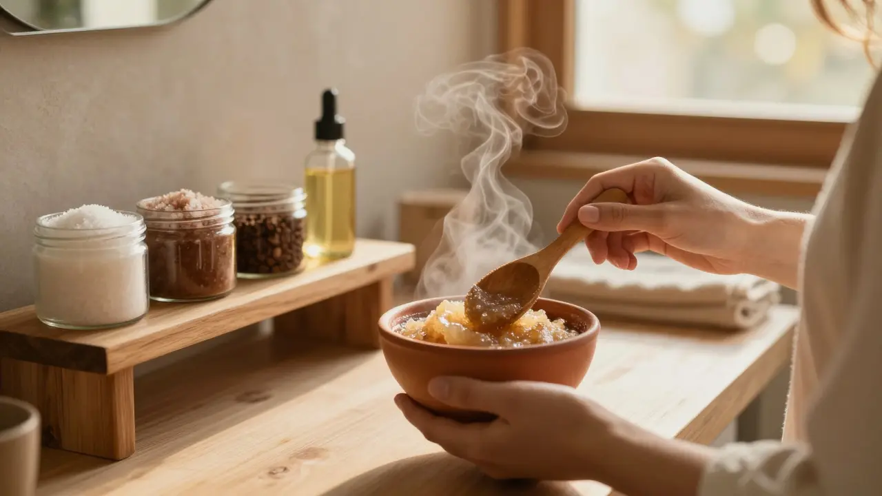Person applying body scrub with wooden scoop in steamy bathroom