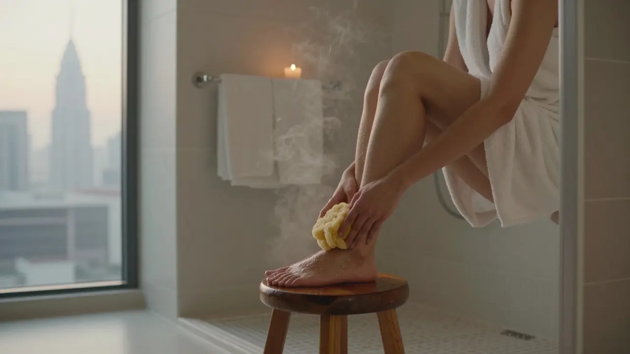Person sitting on a wooden stool in the shower, exfoliating feet with a loofah.