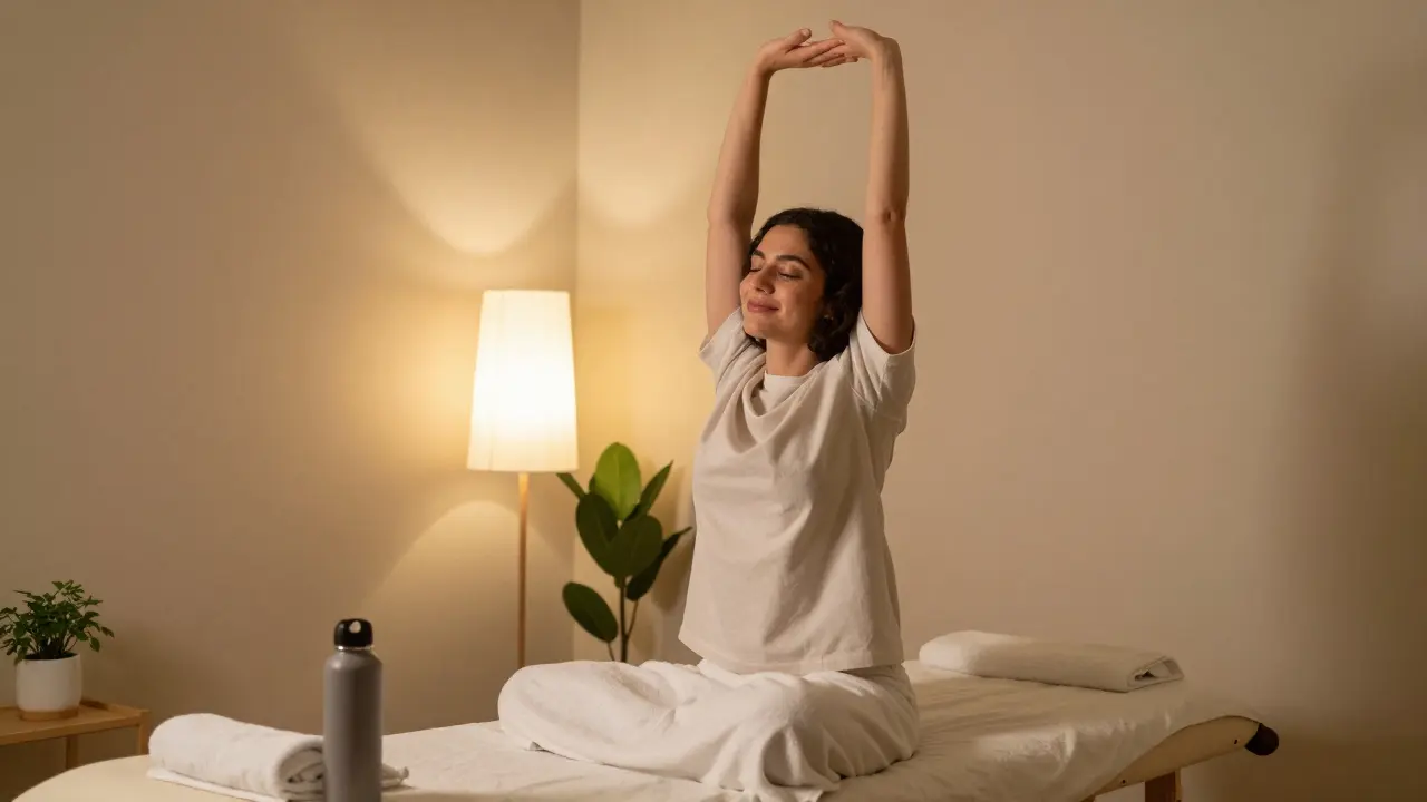 Person stretching peacefully after a deep tissue massage with a water bottle nearby.
