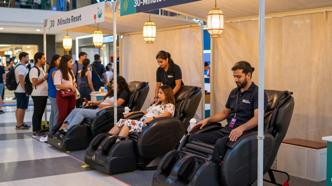 Pop-up chair massage booth in Dubai Mall with clients and people waiting in line.