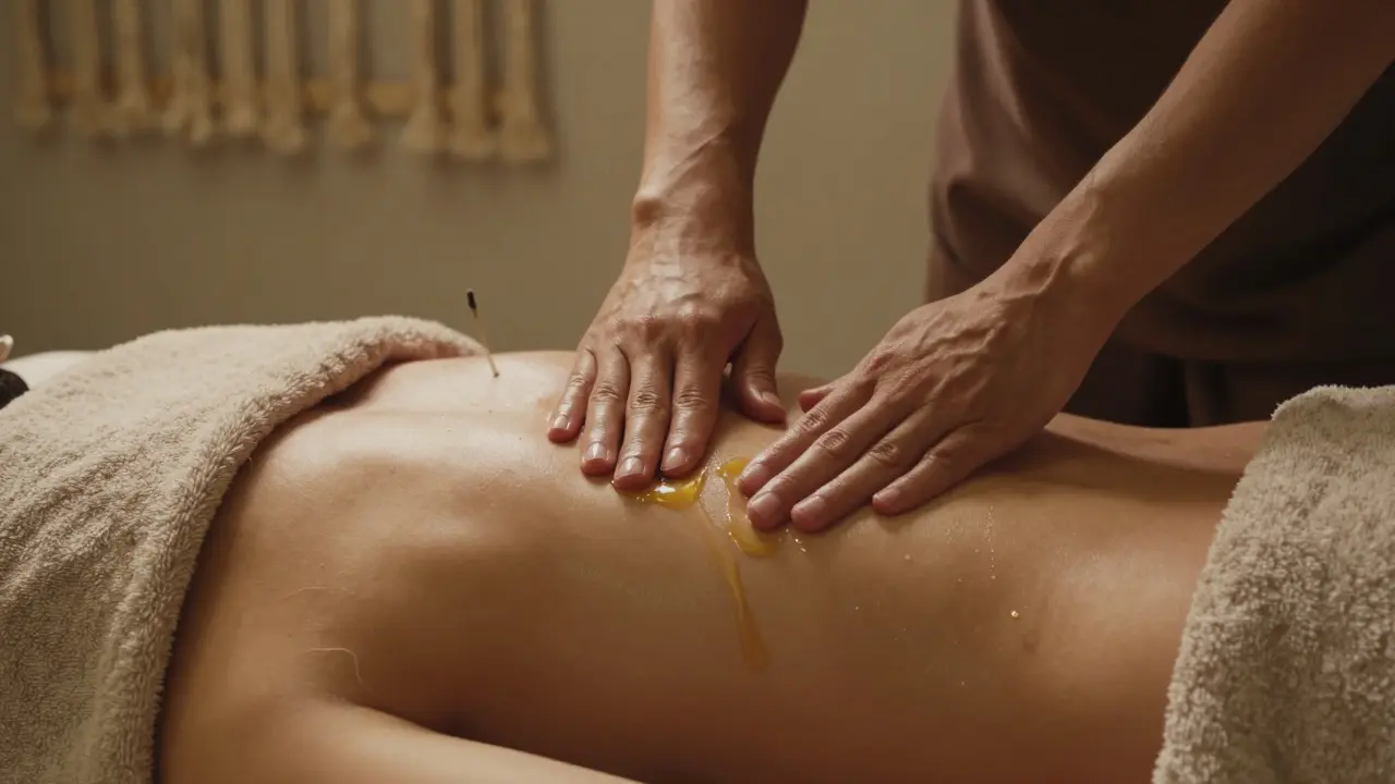 Practitioner&#039;s hands gently massaging a client&#039;s back with warm oil, focusing on slow, intentional touch.