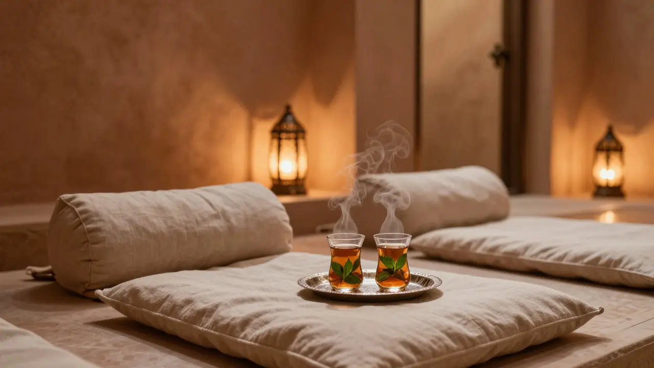 Quiet hammam lounge with mint tea, cushions, and soft lantern light.