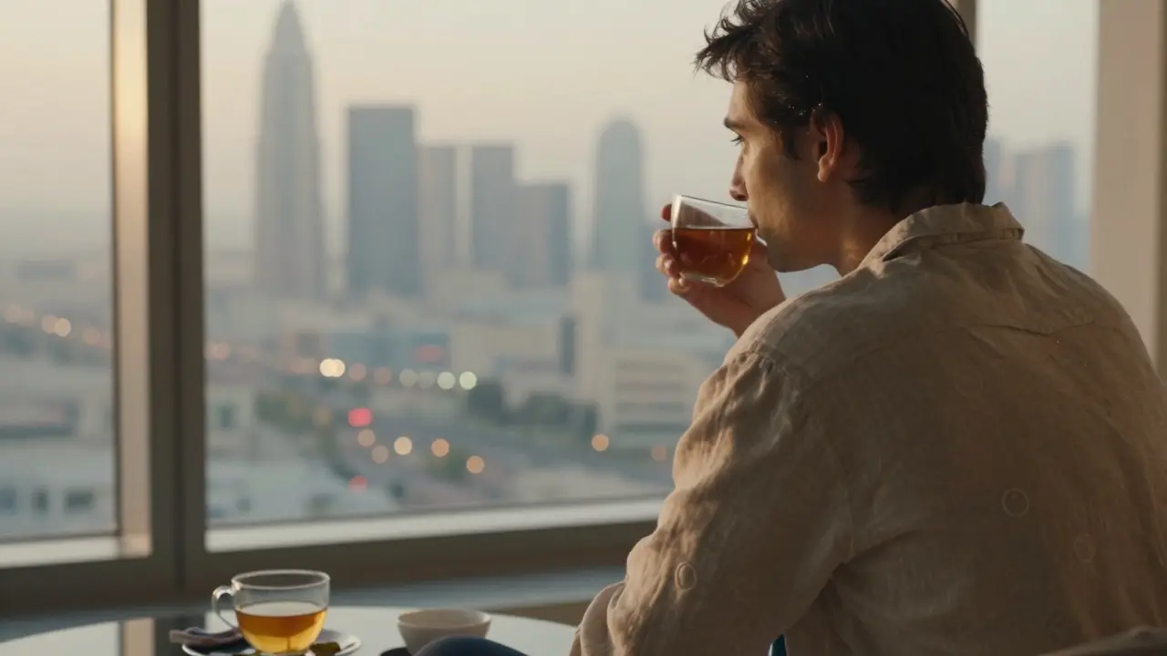 Relaxed person drinking tea after cupping, faint marks on shoulder, Dubai skyline in background.