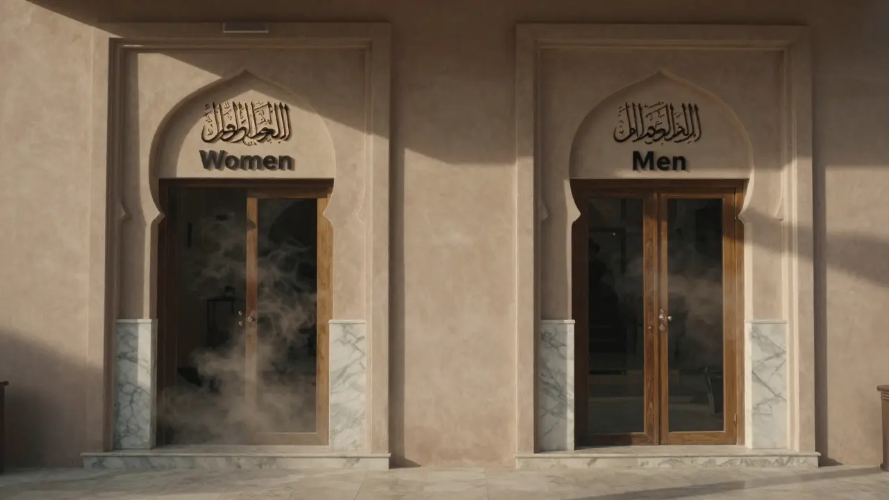 Separate entrance doors for men and women at a hammam, marked in Arabic and English.