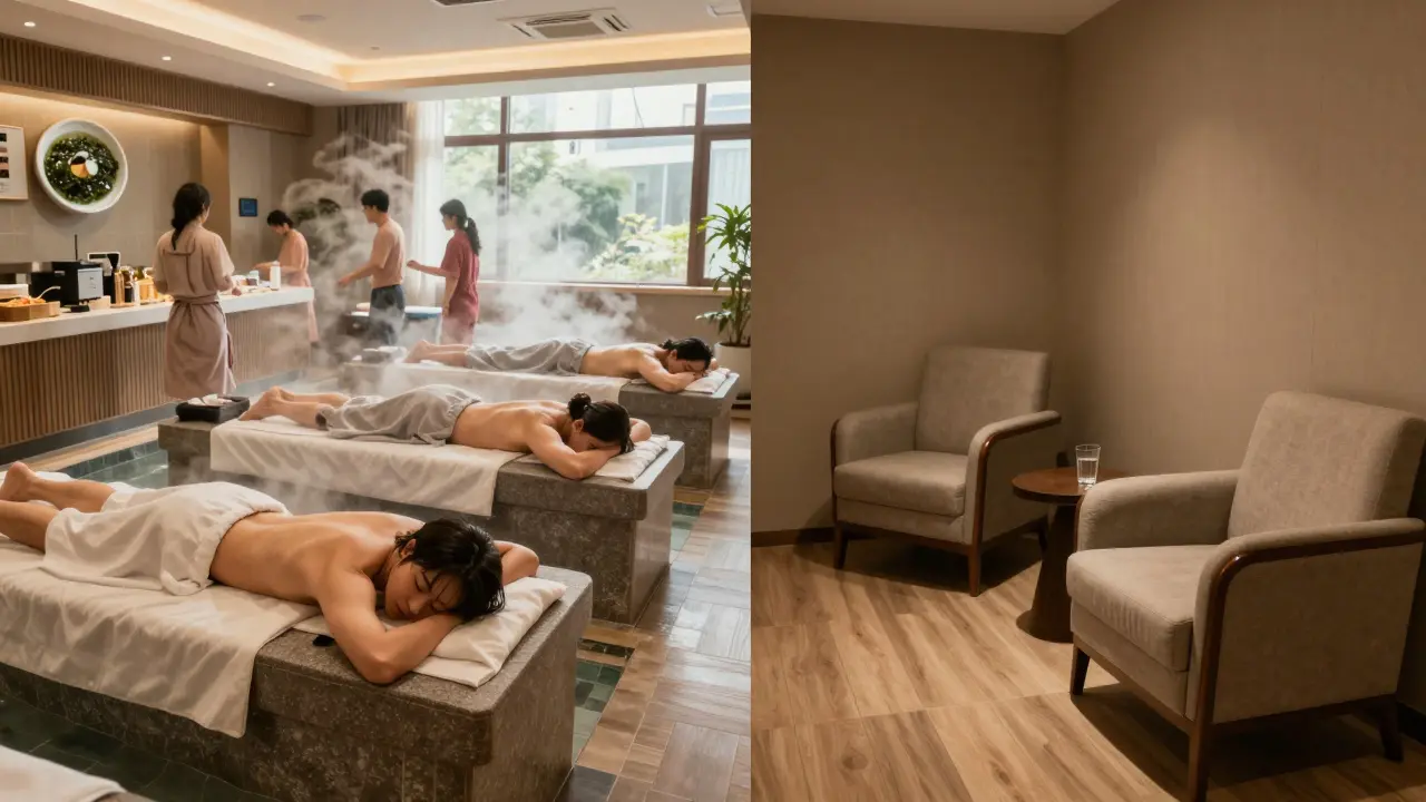 Side-by-side: bustling Korean spa with napping guests vs. silent American spa lounge.