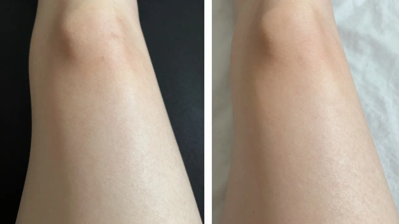 Side-by-side comparison of legs before and after using exfoliating gloves.