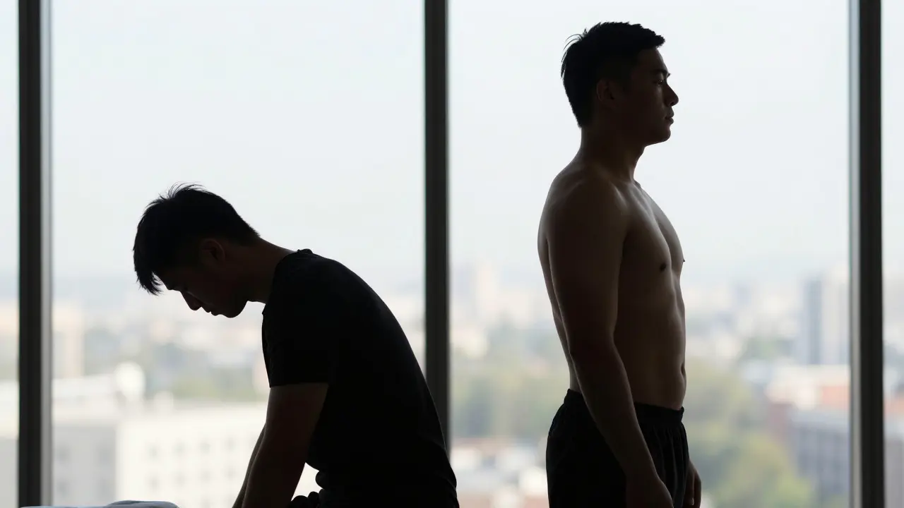 Side-by-side comparison of poor posture versus improved spinal alignment after massage therapy.