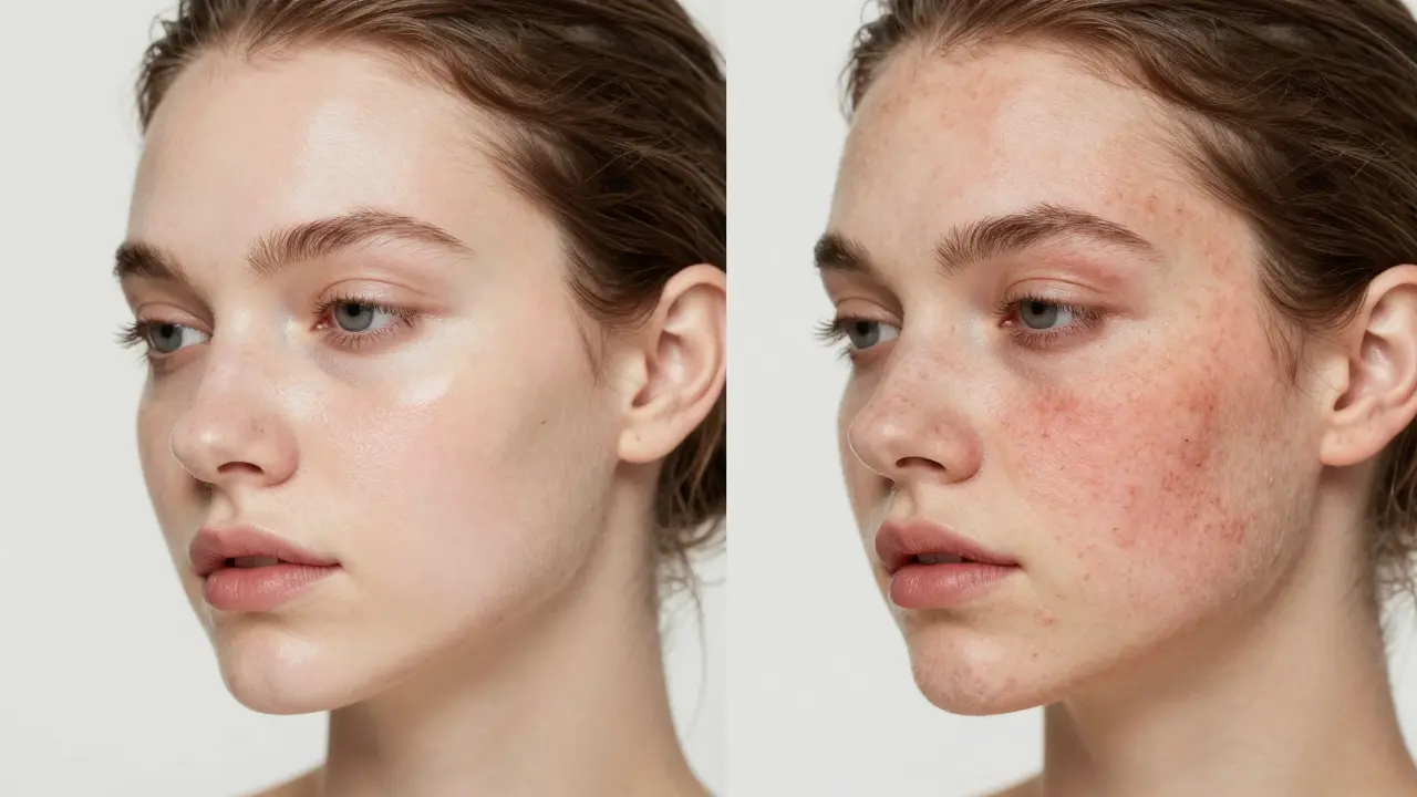 Side-by-side comparison: smooth healthy skin versus flaky, inflamed skin from over-exfoliation.
